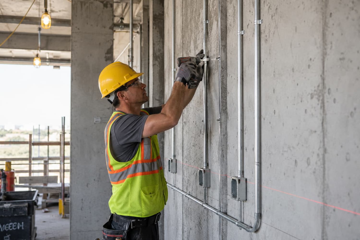 Eletricista instalando eletrodutos em obra de construção civil