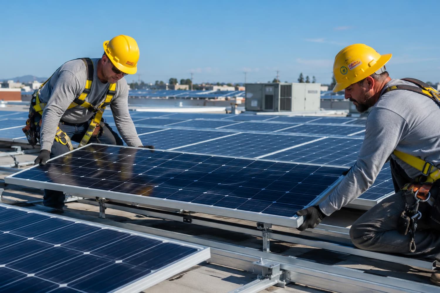 Instalação de painéis solares em telhado comercial